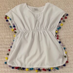 White Swim Coverup with Colorful Pom-Poms